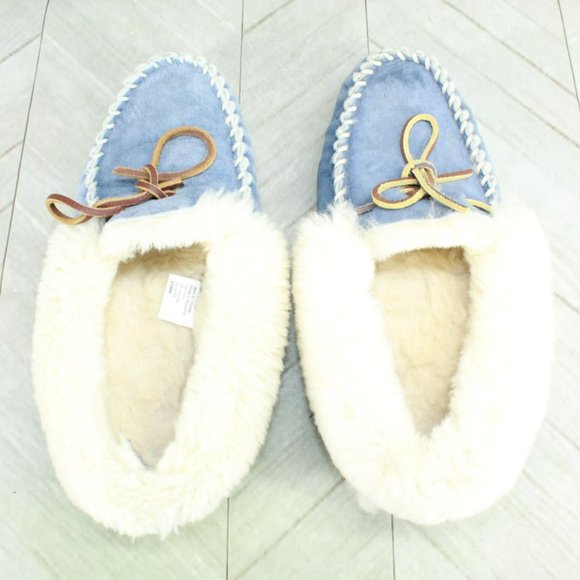 LL Bean Blue Suede Wicked Good Shearling Lined Moccasin Slippers Size 8 M - Picture 7 of 9